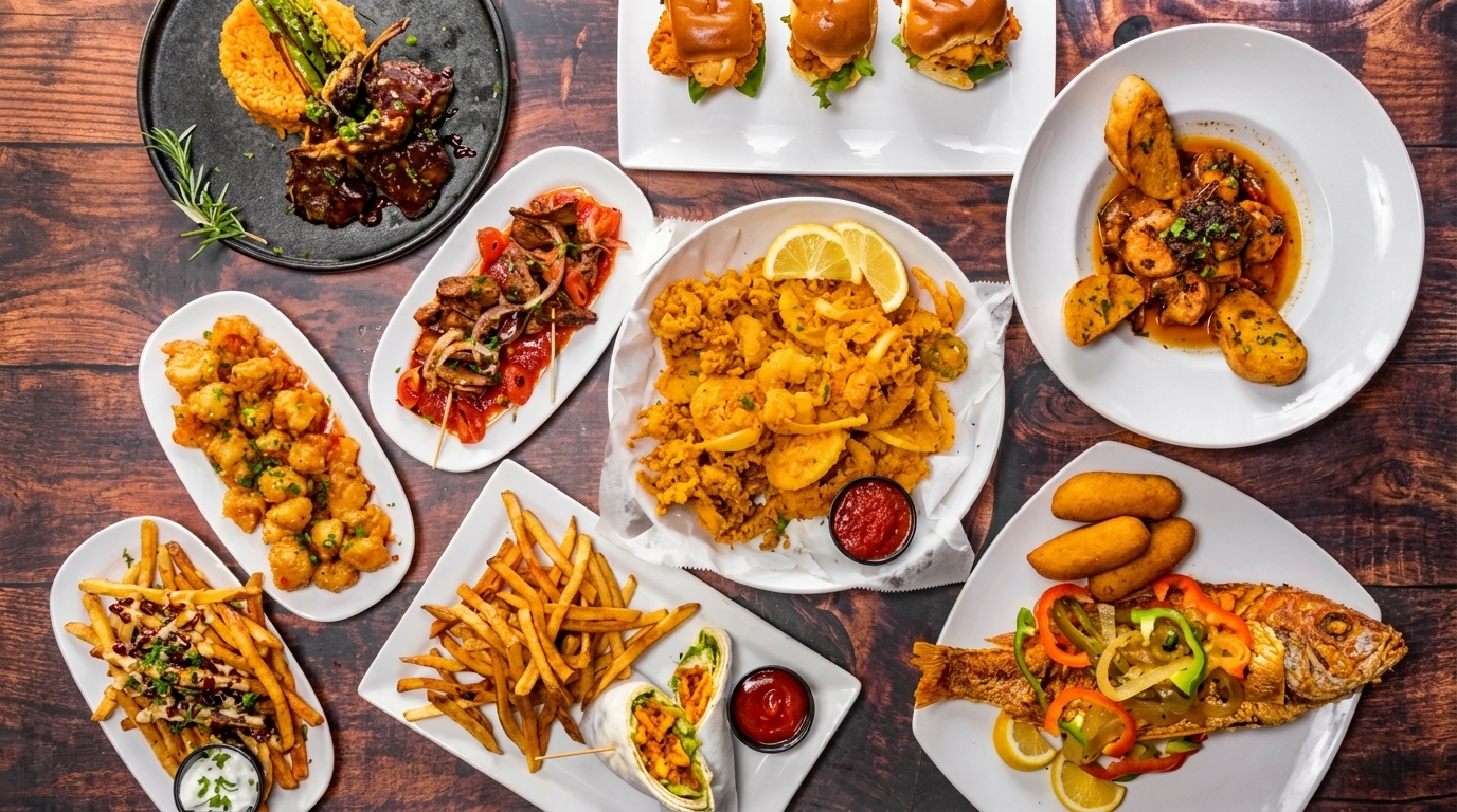 A top-down view of a wooden table laden with various dishes, including fried fish, shrimp, fries, and sliders.