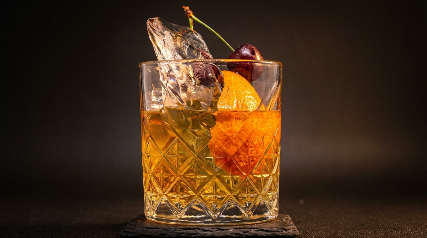 Old Fashioned cocktail with ice, orange peel, and cherries in a textured glass on a dark background.
