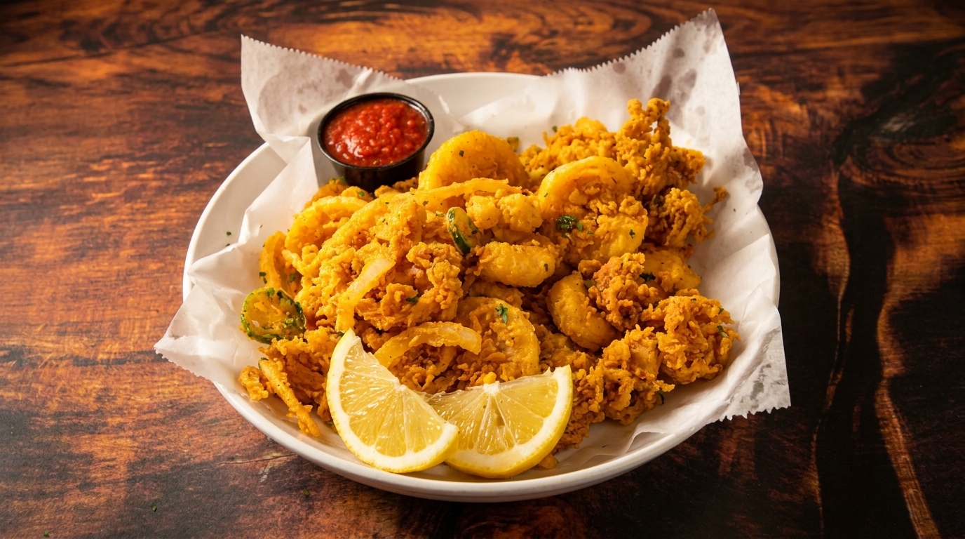 Crispy fried calamari and shrimp with lemon wedges and a side of marinara sauce.