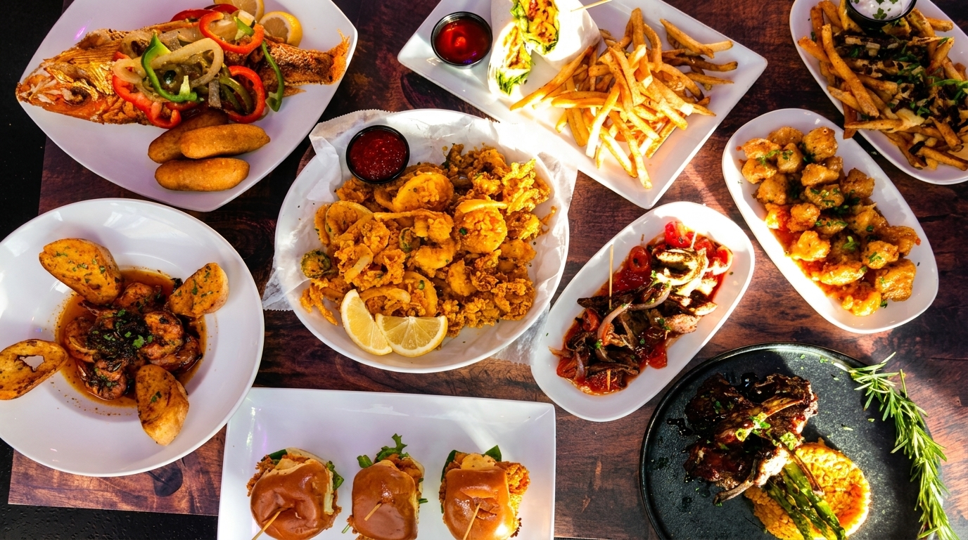 A table laden with various dishes, including whole fried fish, calamari, fries, and sliders.
