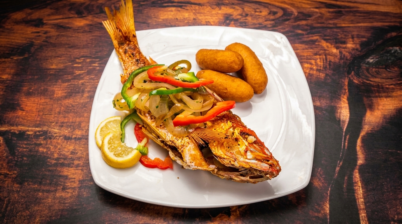 Whole fried fish topped with sautéed onions and peppers, served with lemon and fried dough.