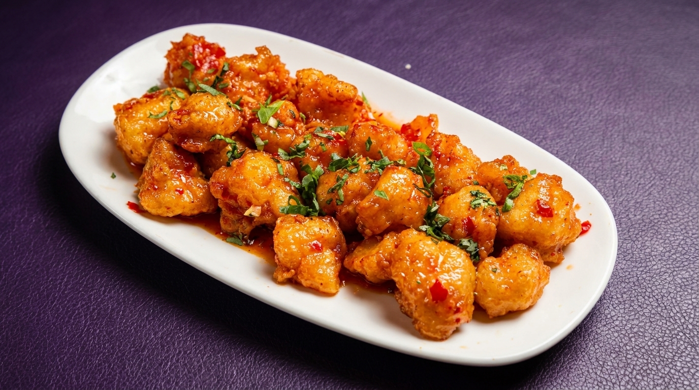 Crispy orange cauliflower bites drizzled with sweet chili sauce and garnished with fresh herbs on a white plate.