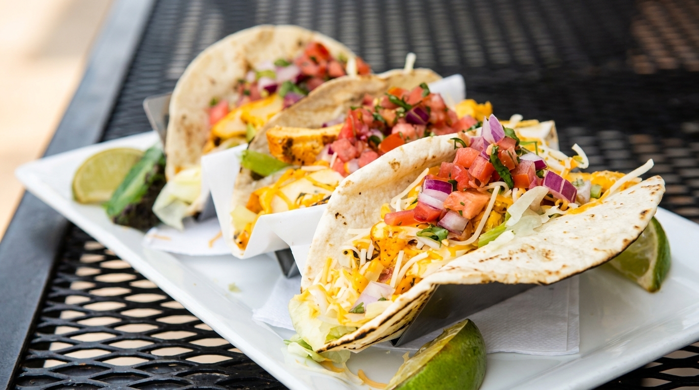 Three soft tacos with chicken, cheese, lettuce, and pico de gallo, served with lime wedges.