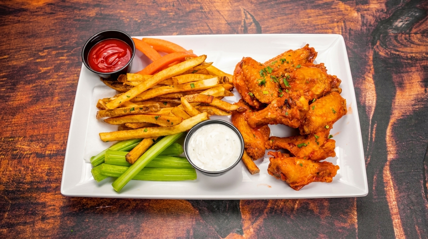 A white rectangular plate of buffalo wings, french fries, celery, carrots, ketchup, and ranch dressing.