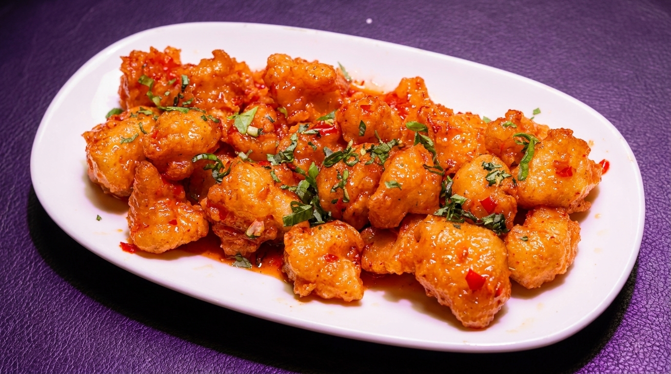 A white platter filled with crispy orange cauliflower bites, drizzled with red sauce and green herbs.