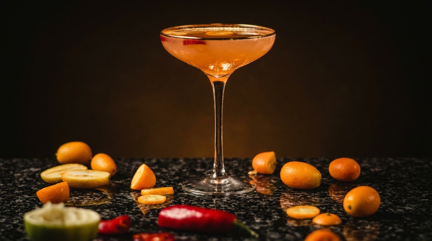 A vibrant orange cocktail in a coupe glass, surrounded by kumquats, limes, and red chili peppers.