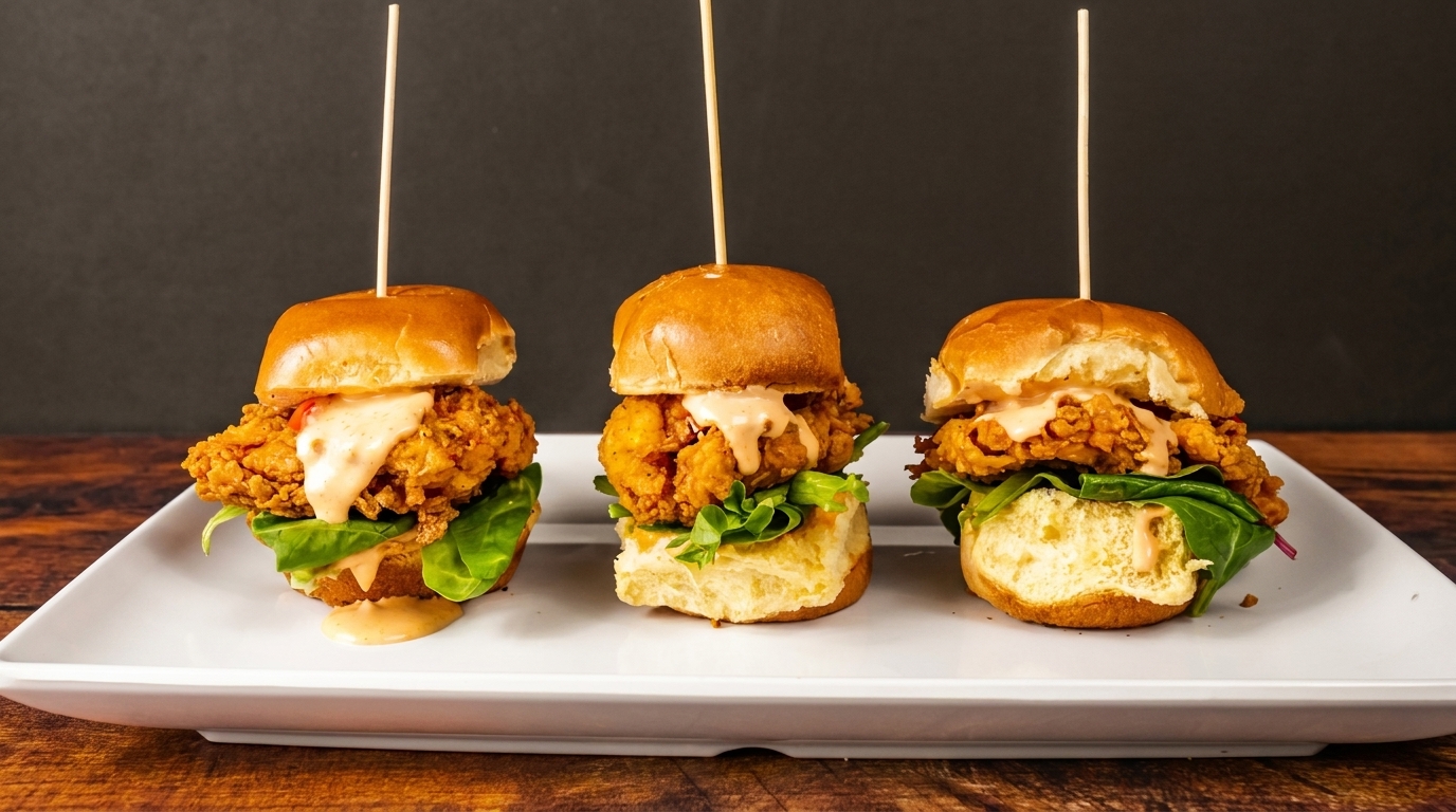 Three crispy fried chicken sliders with lettuce and sauce on brioche buns, served on a white platter.