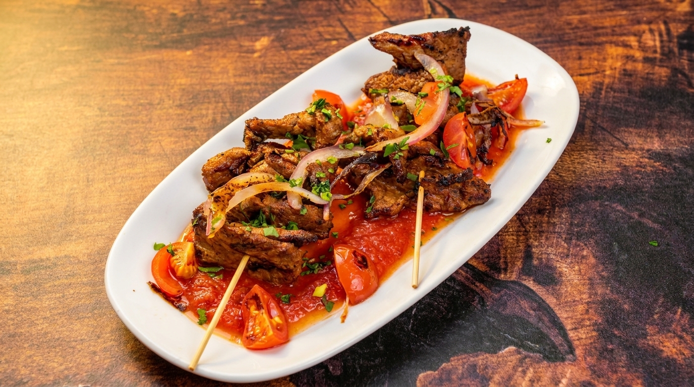 Grilled meat skewers with tomatoes, onions, and herbs in a red sauce on a white plate.