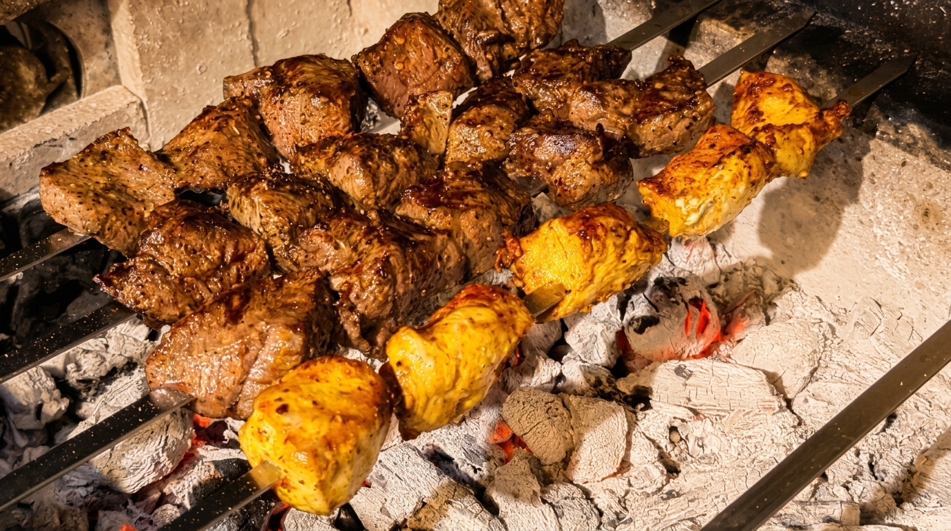 Skewers of beef and chicken shish kebabs grilling over hot coals.