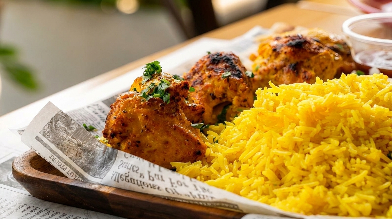 Grilled chicken pieces with yellow rice, garnished with parsley, served on newspaper-lined tray.