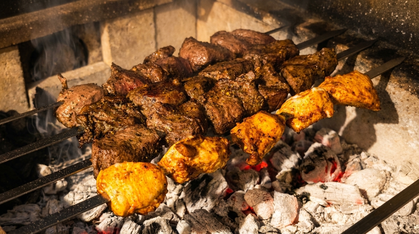 Skewers of beef and chicken cooking over glowing charcoal in a rustic grill.