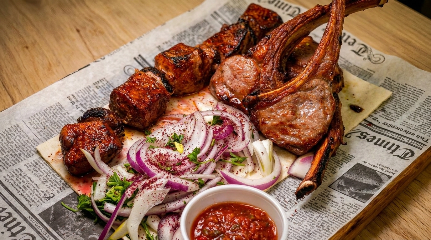Grilled lamb chops and shish kebab served with sliced red onions, herbs, and a dipping sauce.