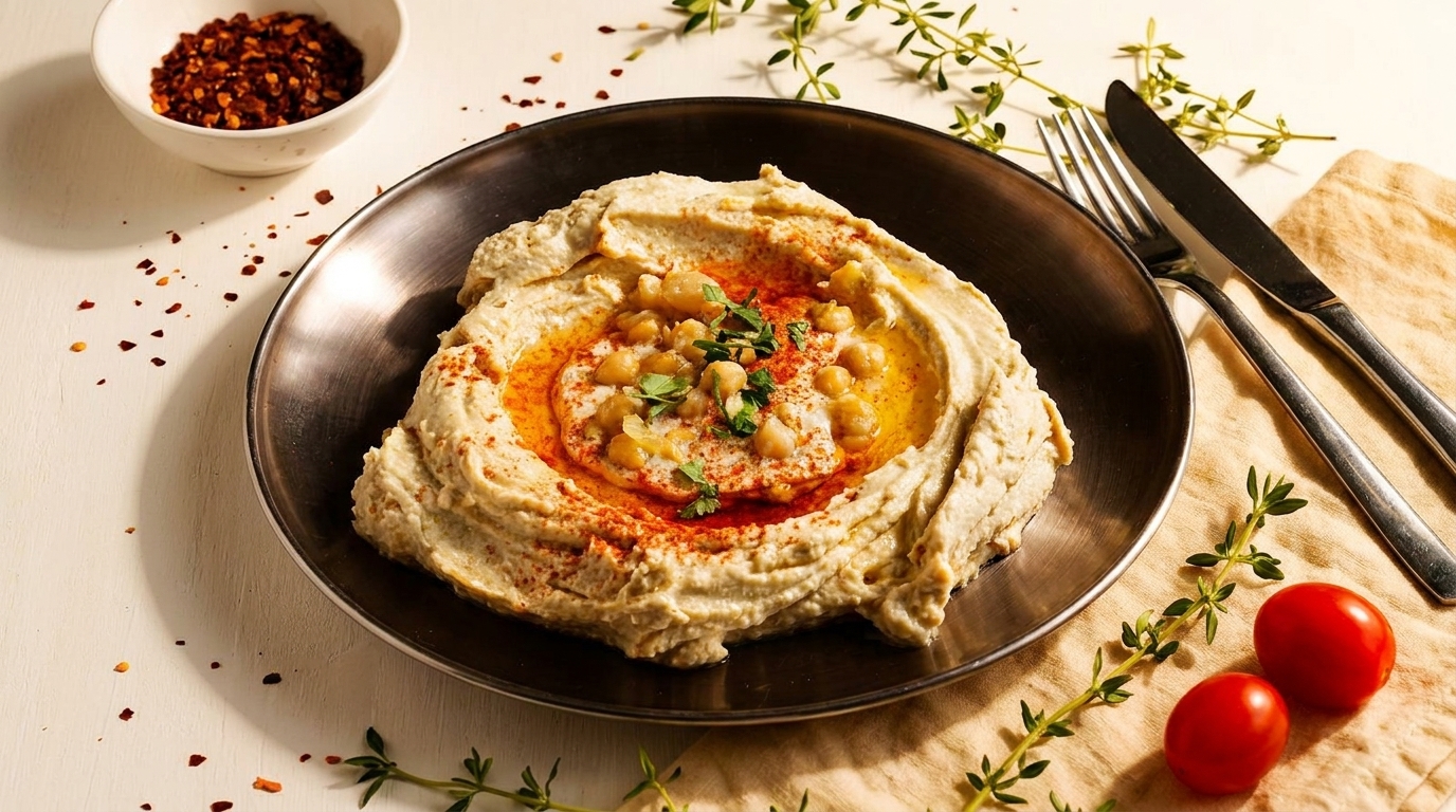 Creamy hummus topped with chickpeas, paprika, and olive oil, served with chili flakes and tomatoes.