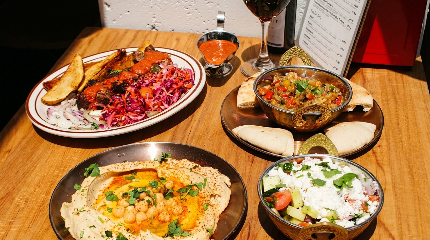 A table laden with Middle Eastern dishes, including hummus, salad, and a meat platter.