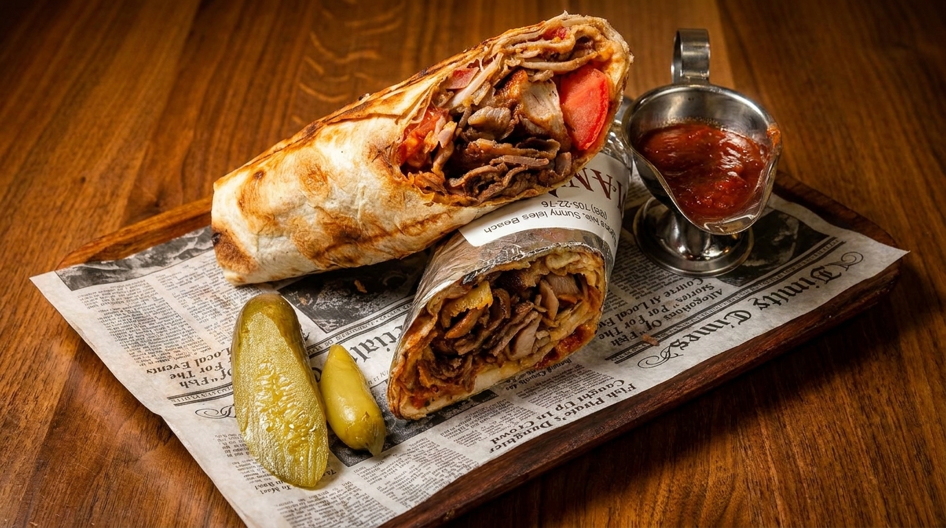 Two shawarma wraps, one open, with pickles and sauce on newspaper-lined tray.