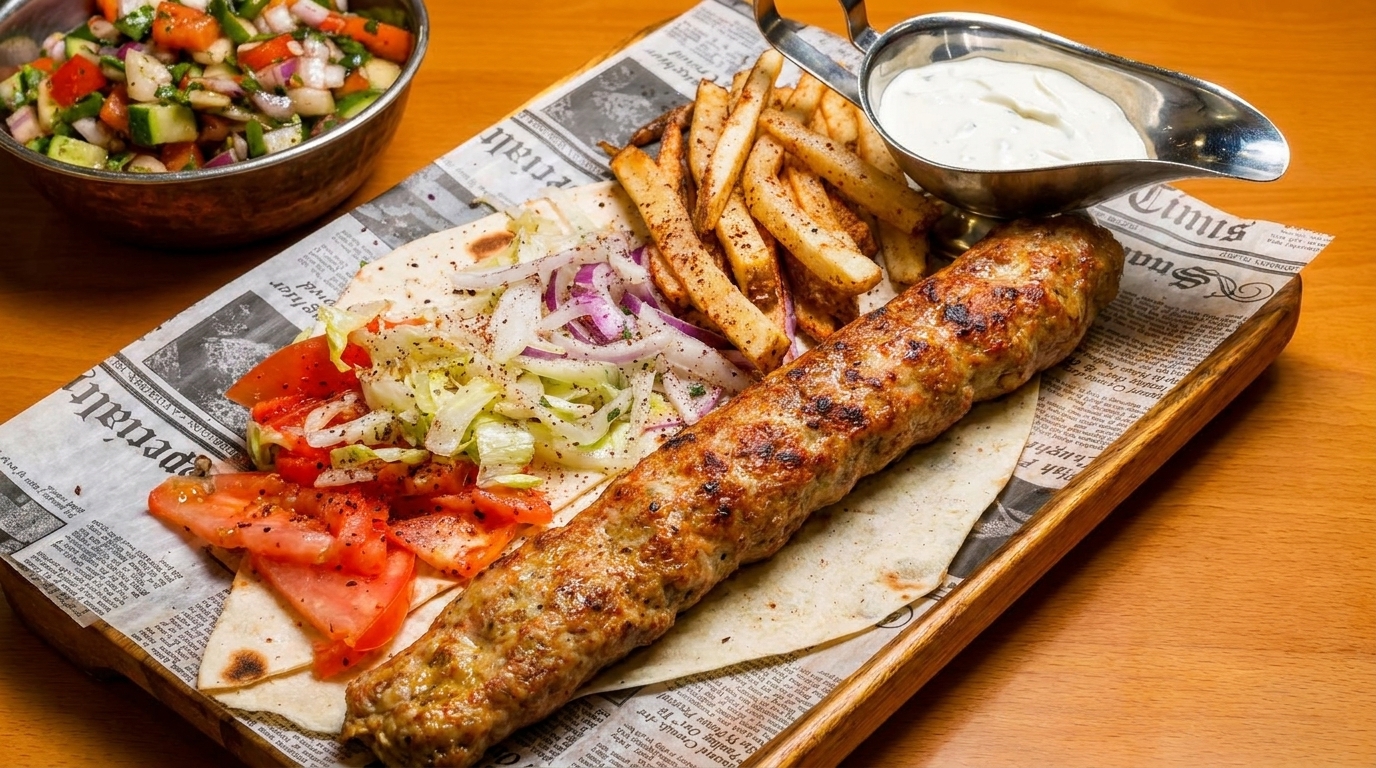 Grilled kebab, fries, pita bread, salad, and a bowl of sauce on a wooden board.