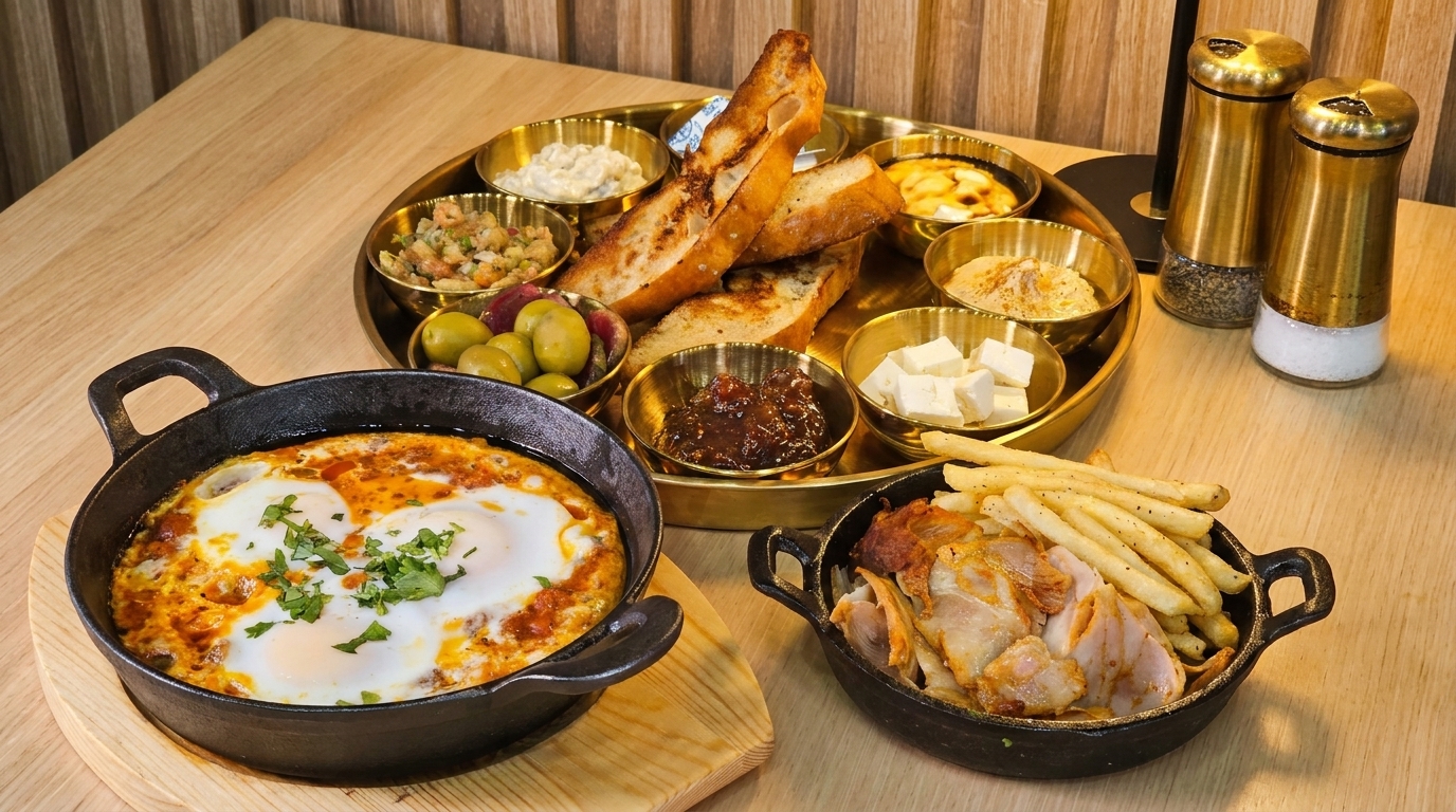 Shakshuka, fries with meat, and a platter of various dips, olives, and bread on a wooden table.