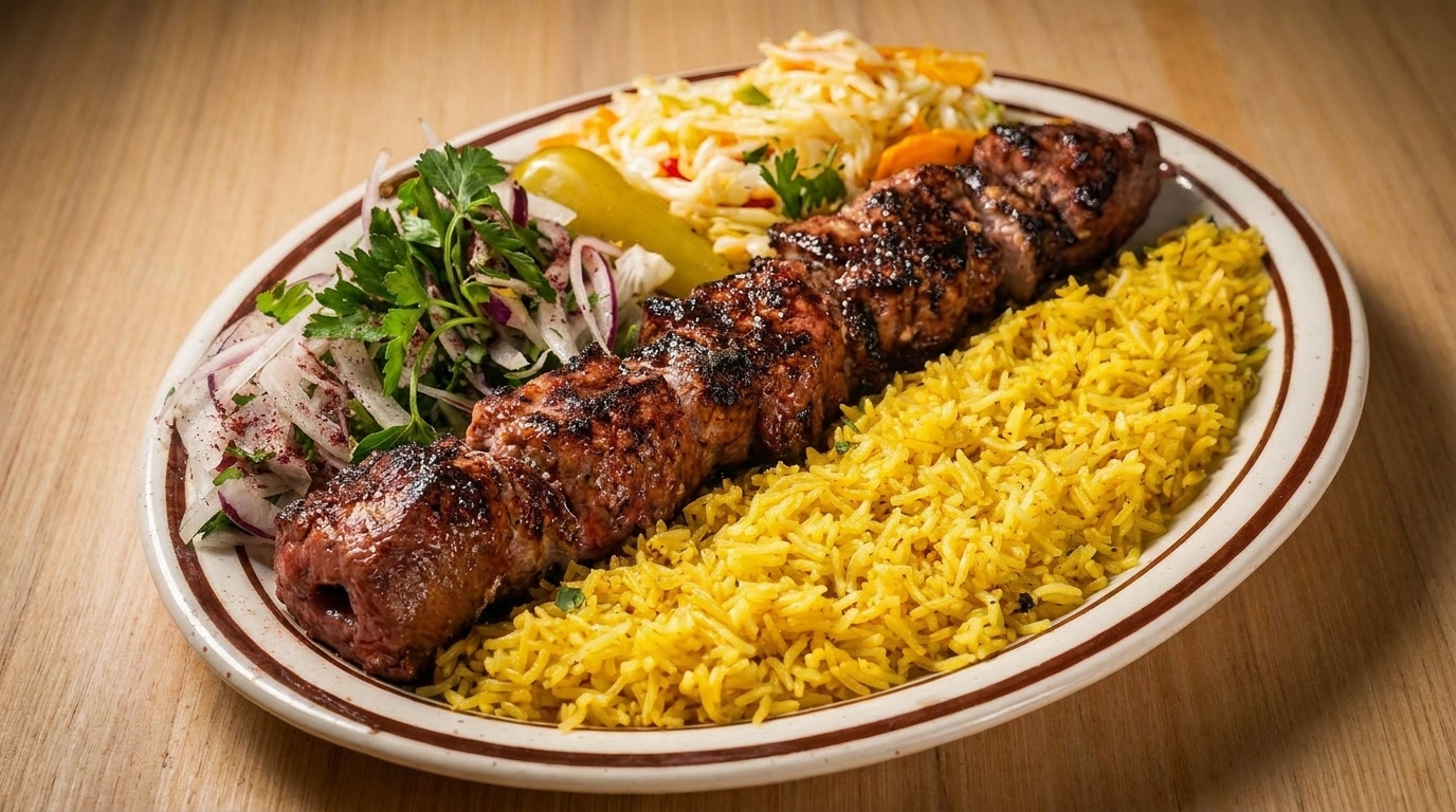 Grilled meat skewer with yellow rice, coleslaw, and a side salad on a white plate.