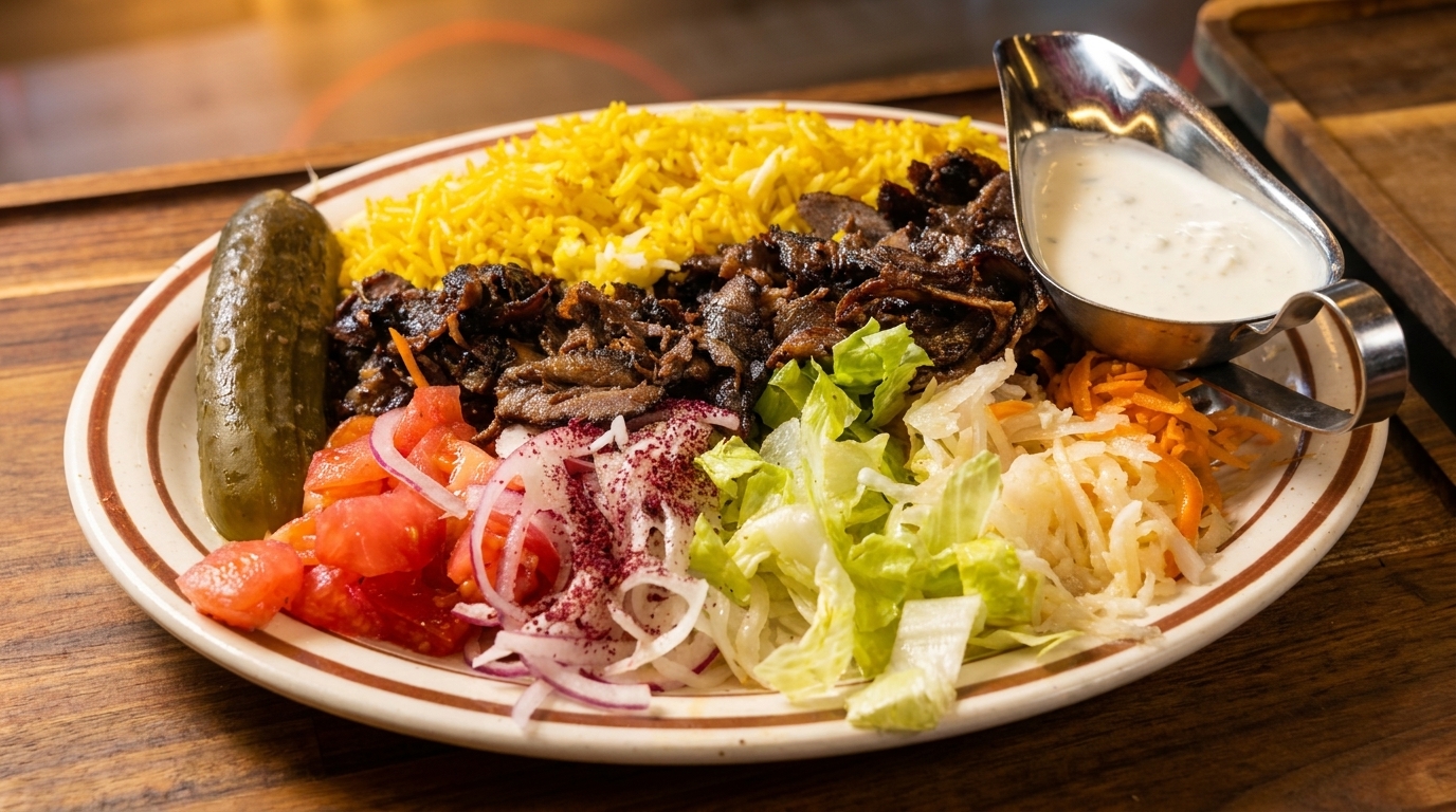 A plate of shawarma with yellow rice, meat, salad, pickled cucumber, and a side of white sauce.