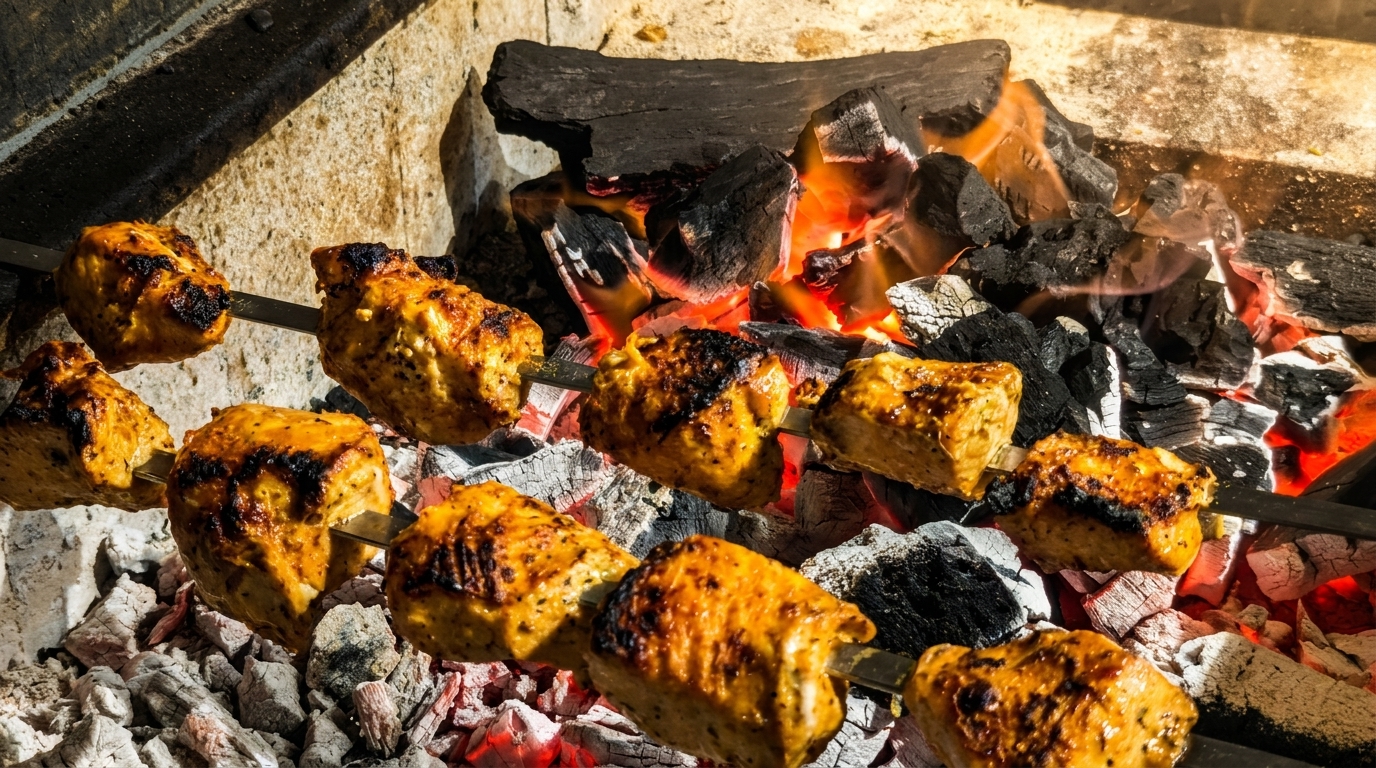 Marinated chicken skewers grilling over glowing charcoal with flames visible.