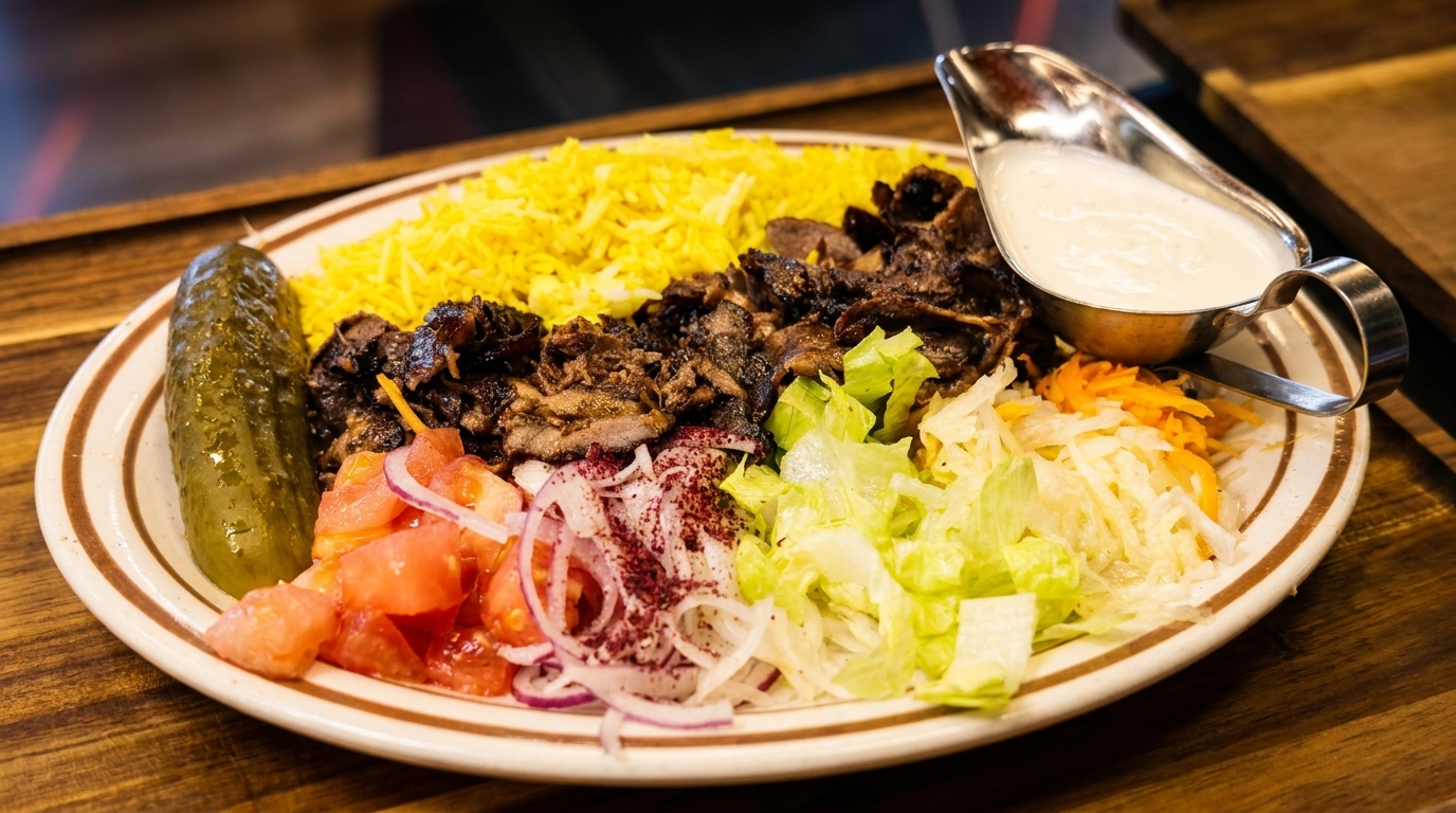 A plate of shawarma with yellow rice, salad, pickled cucumber, and a side of white sauce.