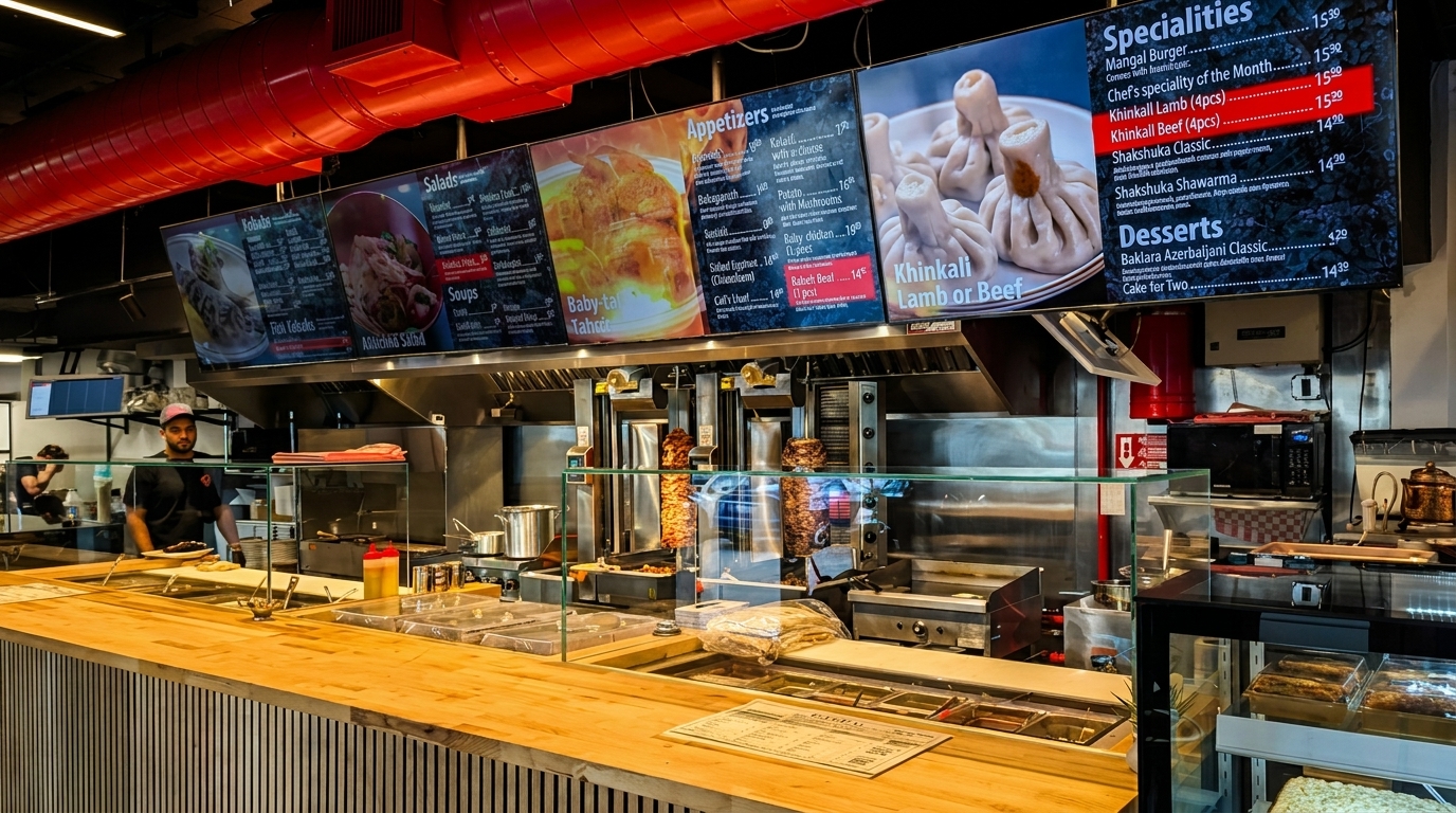 A restaurant kitchen with a chef, digital menu boards, and vertical rotisseries for shawarma.