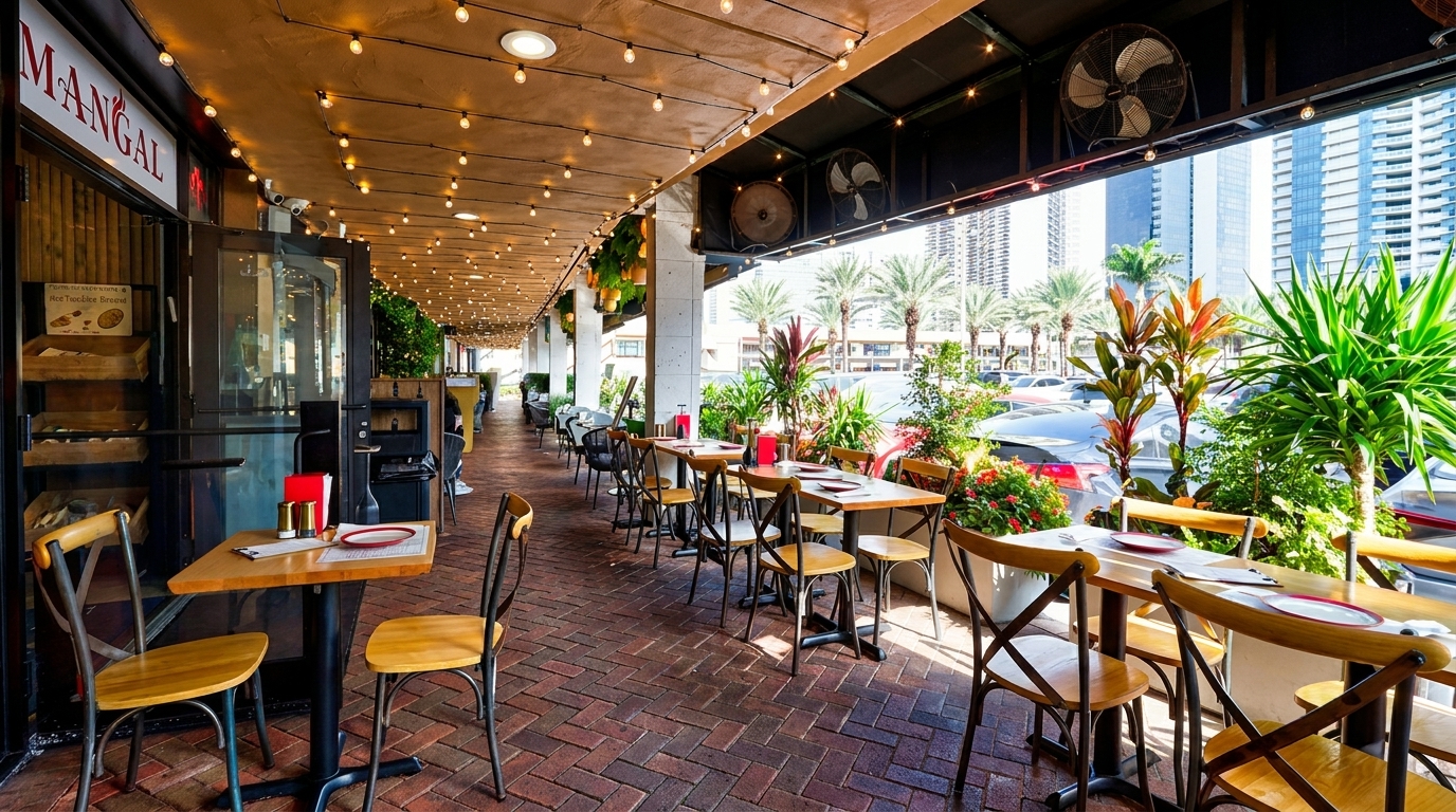 Outdoor patio of Mangal restaurant with tables, chairs, string lights, and lush greenery.