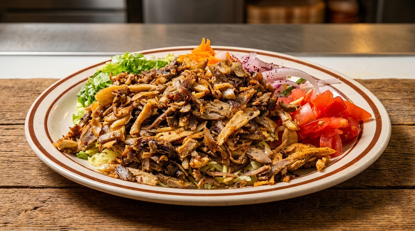 A plate of chicken shawarma with lettuce, tomatoes, onions, and shredded carrots on a wooden table.