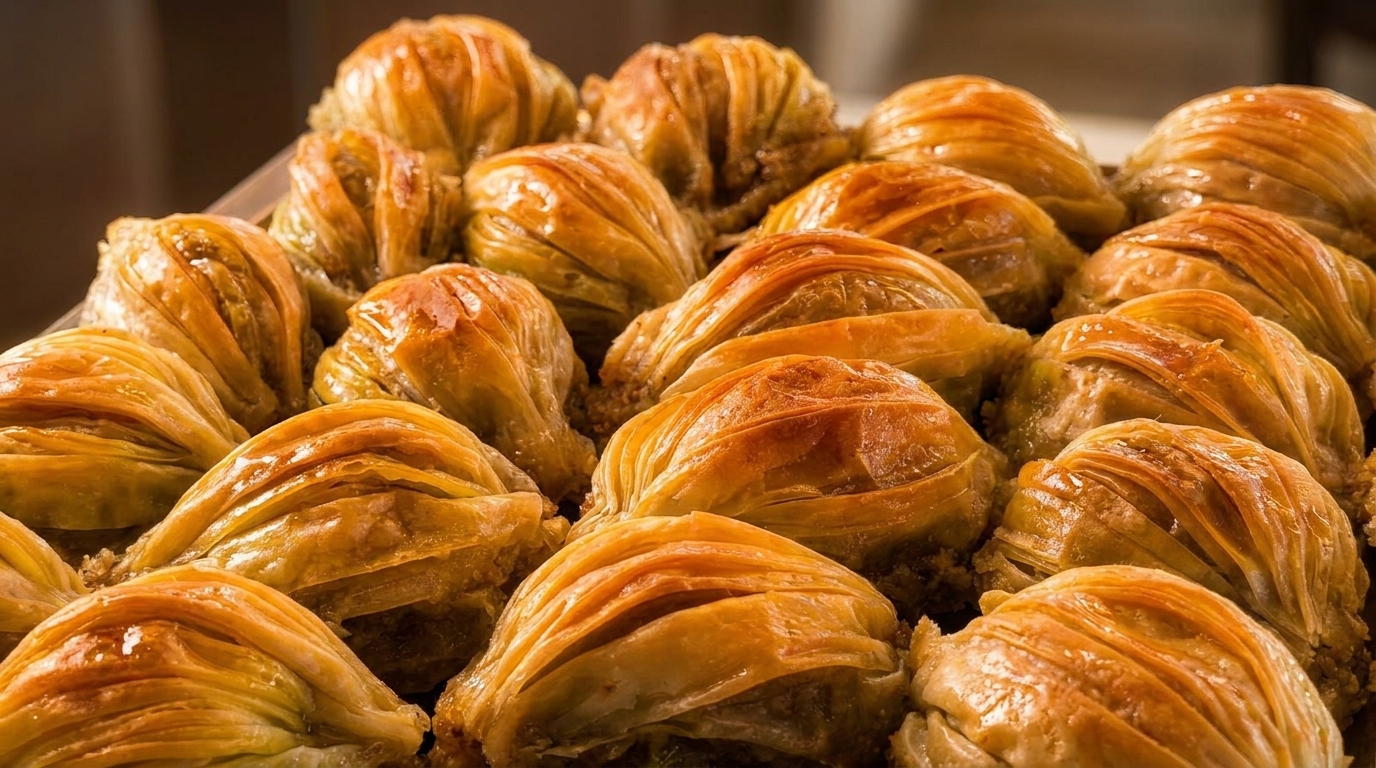 Close-up of many golden-brown, flaky baklava pastries arranged together, glistening with syrup.