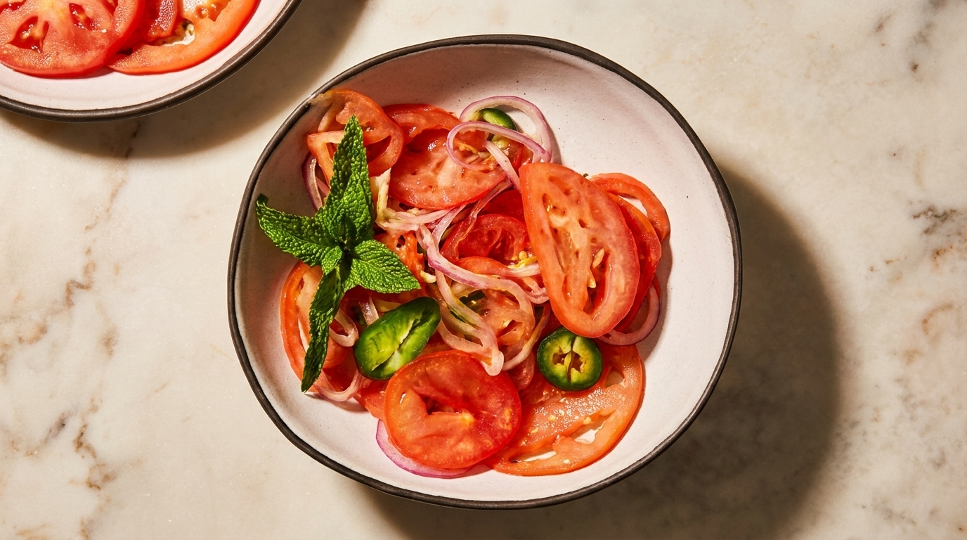 A bowl of sliced tomatoes, red onions, jalapeños, and mint on a marble surface.