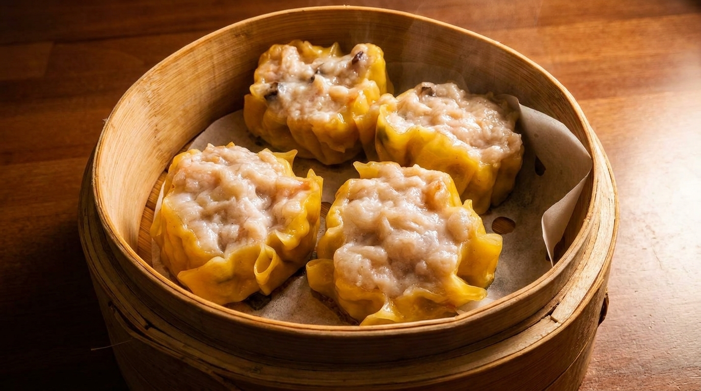 Four steamed shumai dumplings with pork and shrimp filling in a bamboo steamer basket.
