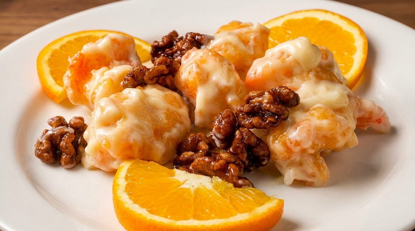 Honey walnut shrimp with creamy sauce and orange slices on a white plate.