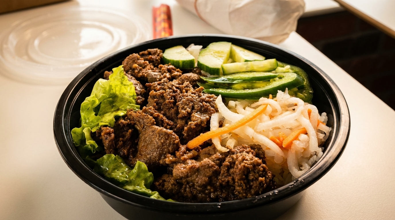 A takeout bowl filled with rice, grilled meat, lettuce, cucumbers, and pickled daikon and carrots.