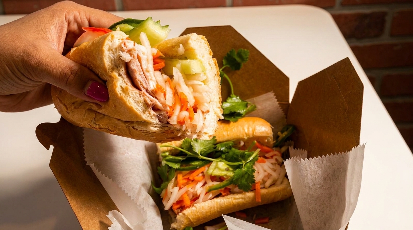 A hand holds up a banh mi sandwich with meat and pickled vegetables, with another in a box.