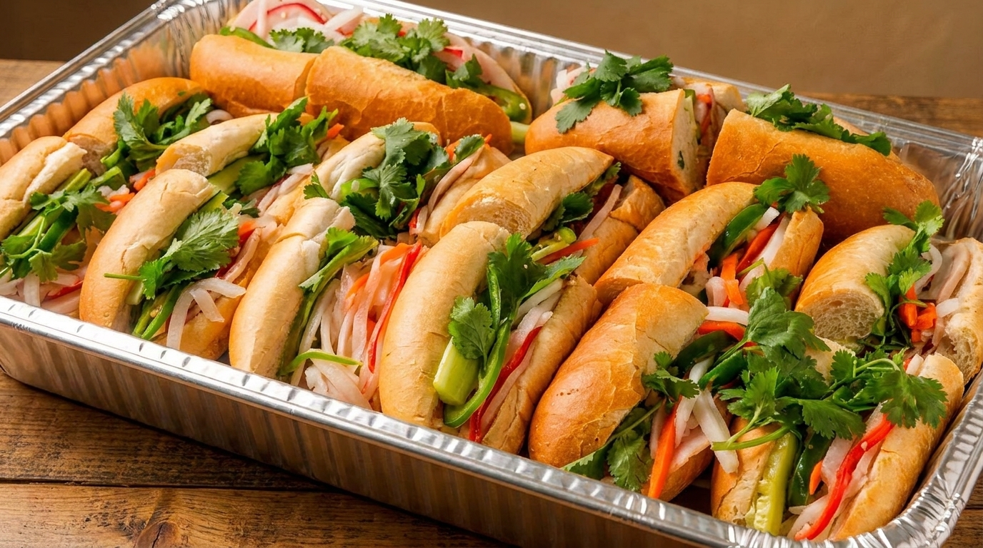 A catering tray filled with many Vietnamese banh mi sandwiches, garnished with fresh cilantro.
