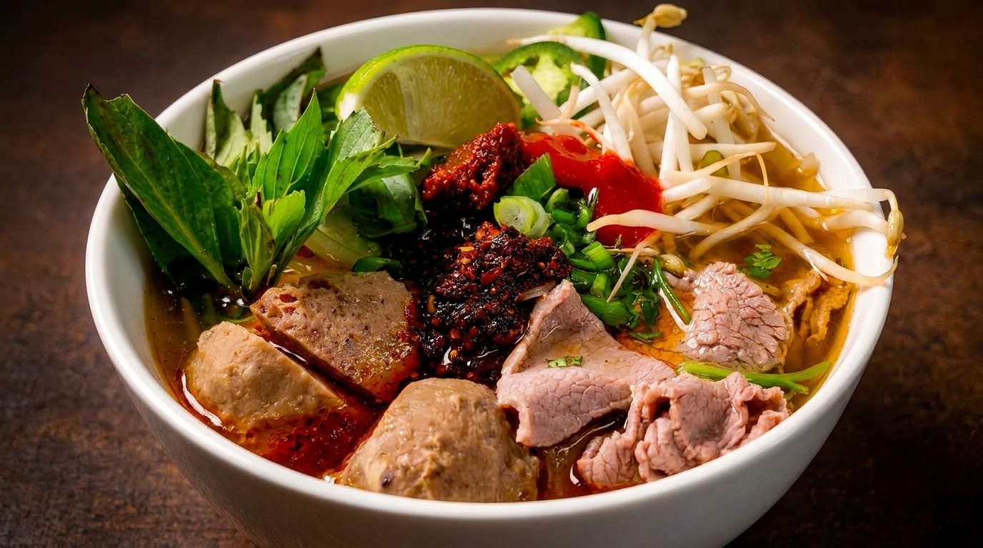 Close-up of a bowl of pho with beef, meatballs, bean sprouts, lime, and fresh herbs.