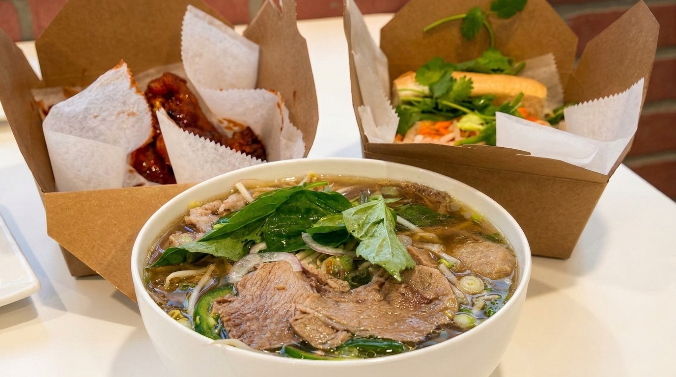 A bowl of pho with beef and herbs, alongside takeout boxes of wings and a banh mi.