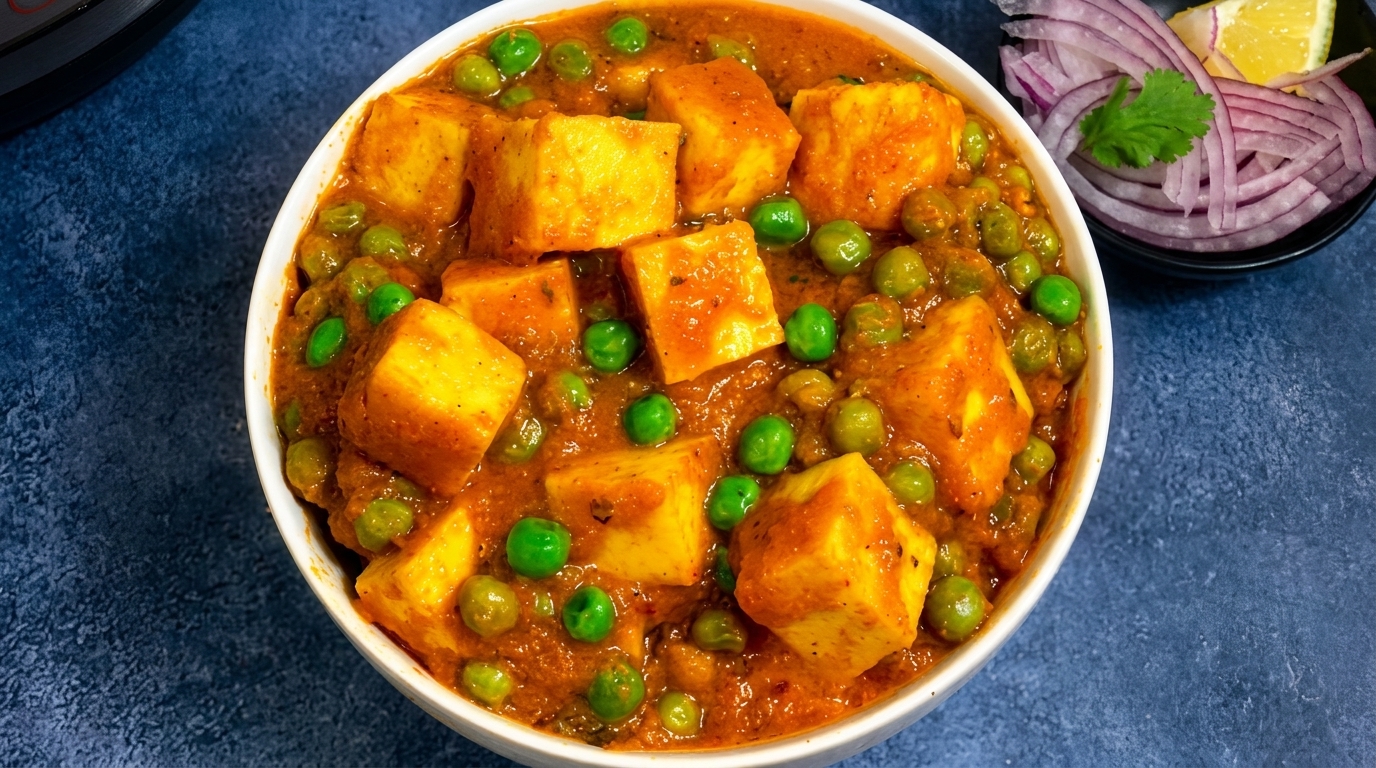 A white bowl filled with paneer and green peas in a rich, orange-red curry sauce.