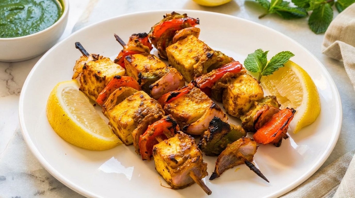 Three skewers of paneer tikka with bell peppers and onions, garnished with lemon and mint.