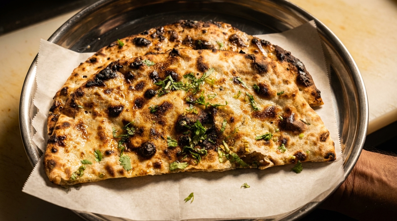 Two pieces of golden-brown naan bread, topped with fresh cilantro, served on a metal tray.