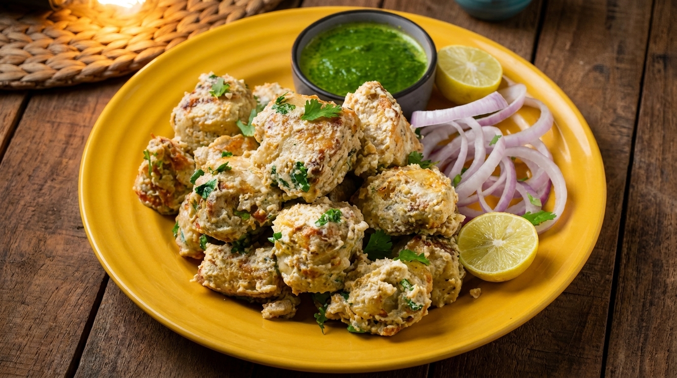 Chicken malai tikka on a yellow plate with green chutney, onion rings, and lemon wedges.