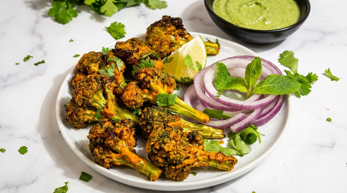 Spiced roasted broccoli florets with red onion, lime, and mint on a white plate.