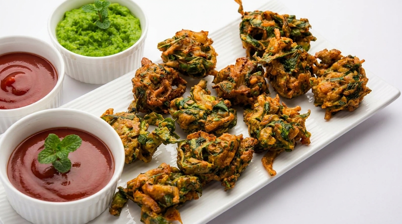 Crispy fried spinach pakoras on a white platter with red ketchup and green chutney.