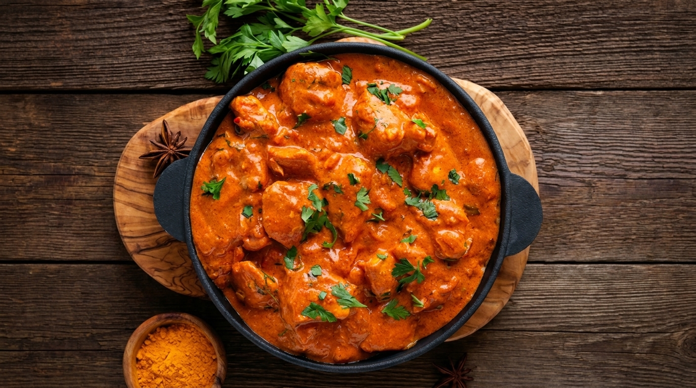 Overhead view of a black pan filled with chicken tikka masala, garnished with cilantro.