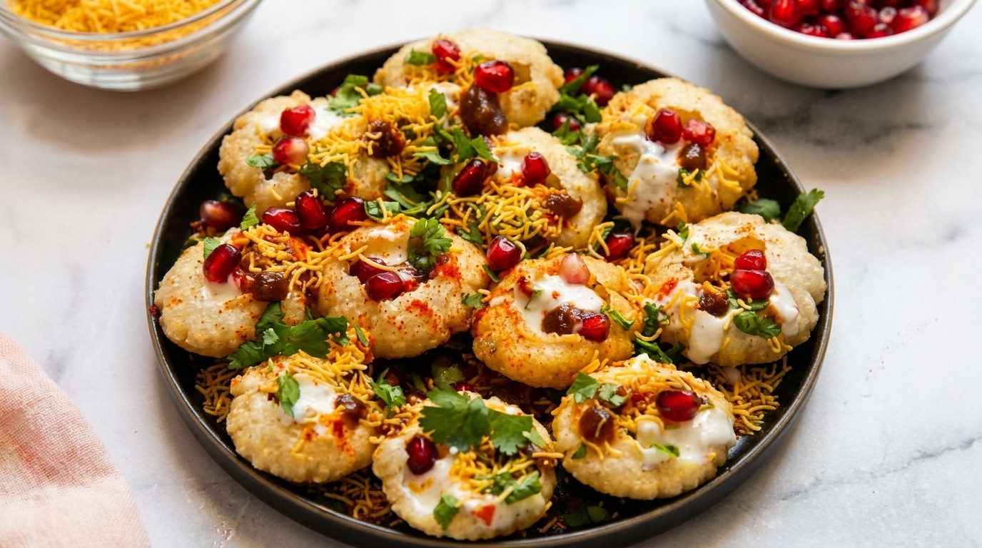 A black plate filled with crispy Indian Dahi Puri, topped with yogurt, pomegranate, and sev.