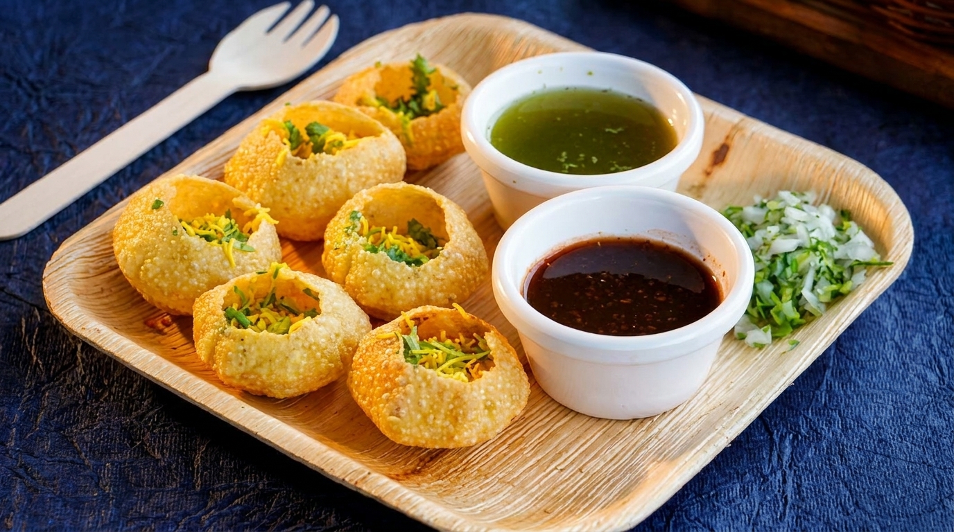 Pani Puri, a popular Indian street food, served on a wooden tray with two dipping sauces.