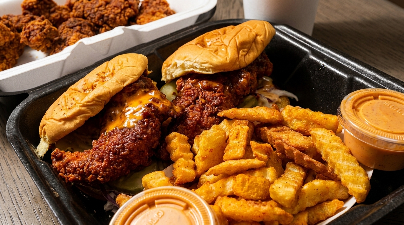 Two crispy chicken sandwiches with fries and dipping sauce in a black takeout container.