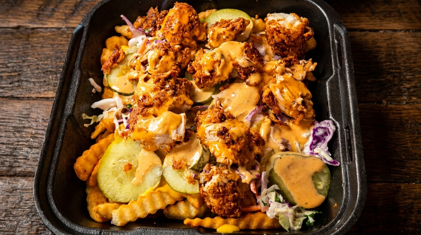 Crispy fried chicken pieces, crinkle-cut fries, pickles, and coleslaw drizzled with sauce in a black container.