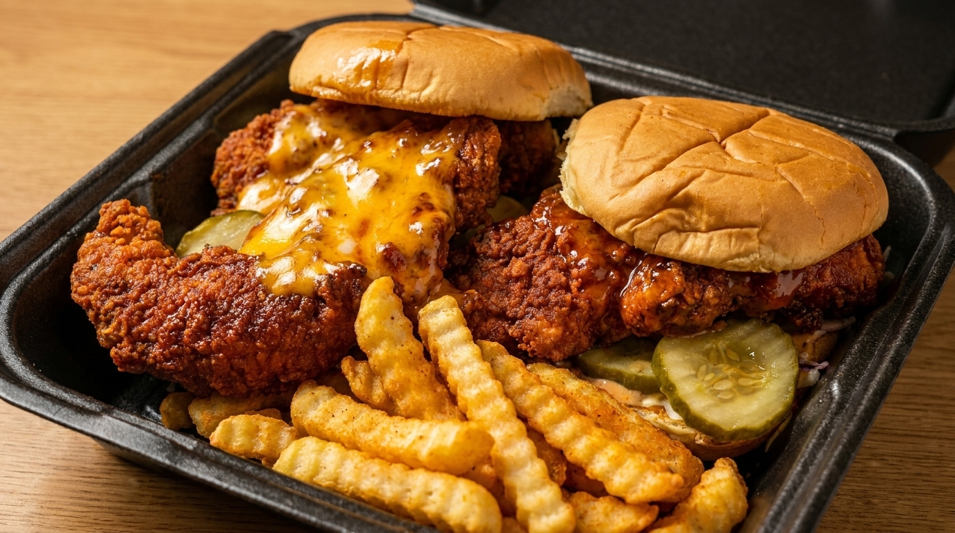 Two spicy fried chicken sandwiches, one with melted cheese, with crinkle-cut fries and pickles.