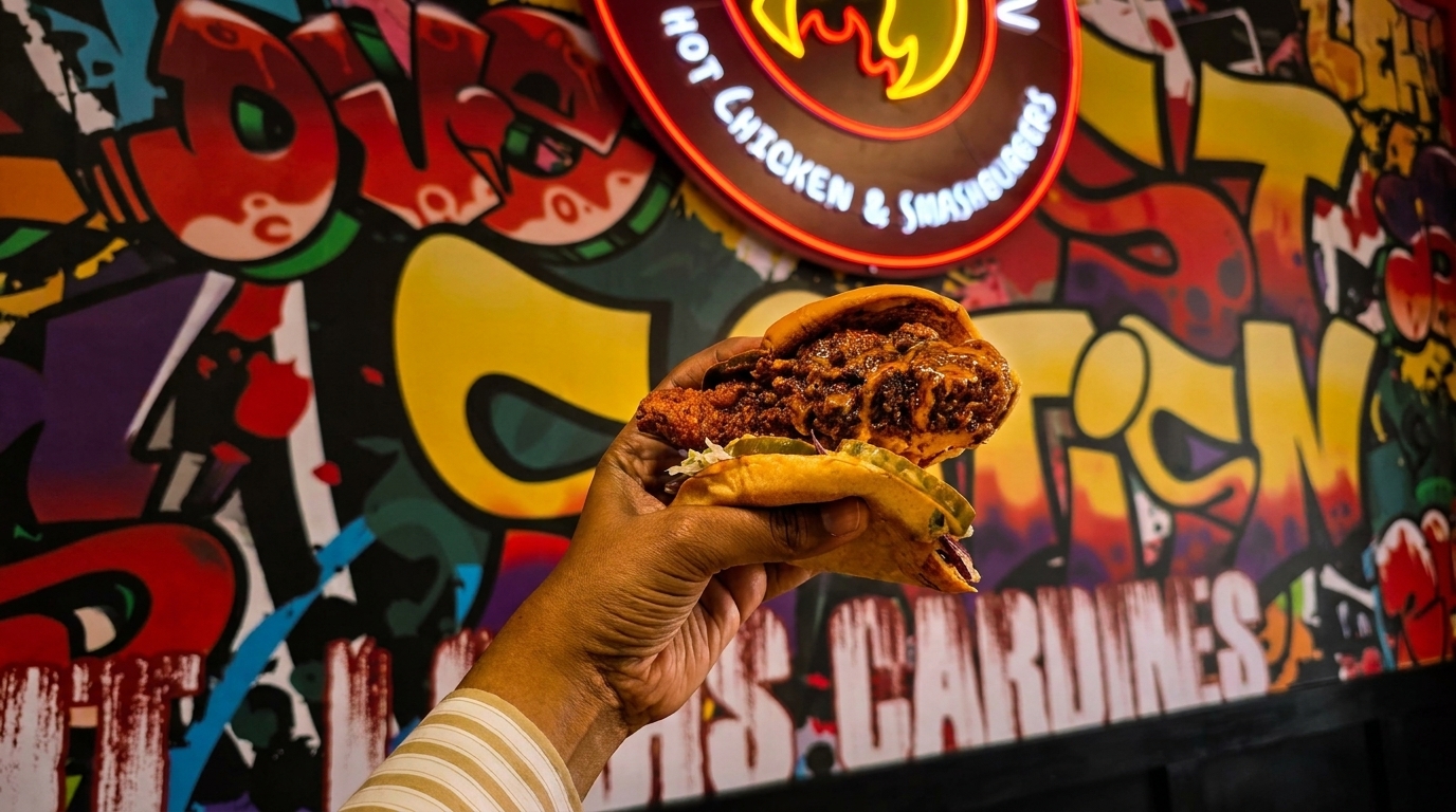 Hand holding a spicy fried chicken sandwich with pickles against a colorful graffiti wall and neon sign.